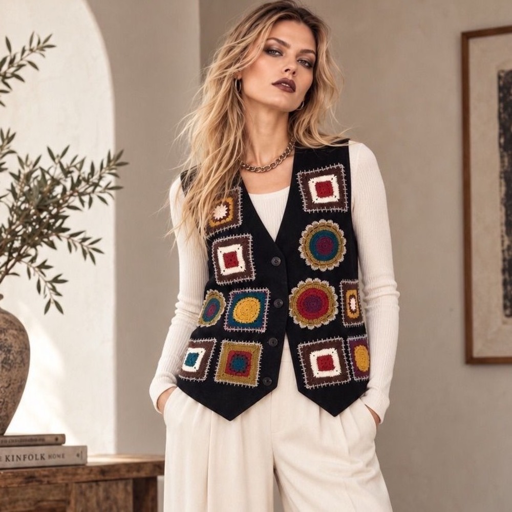 Erez Levy Vintage Leather Crochet Granny Square Vest Medium